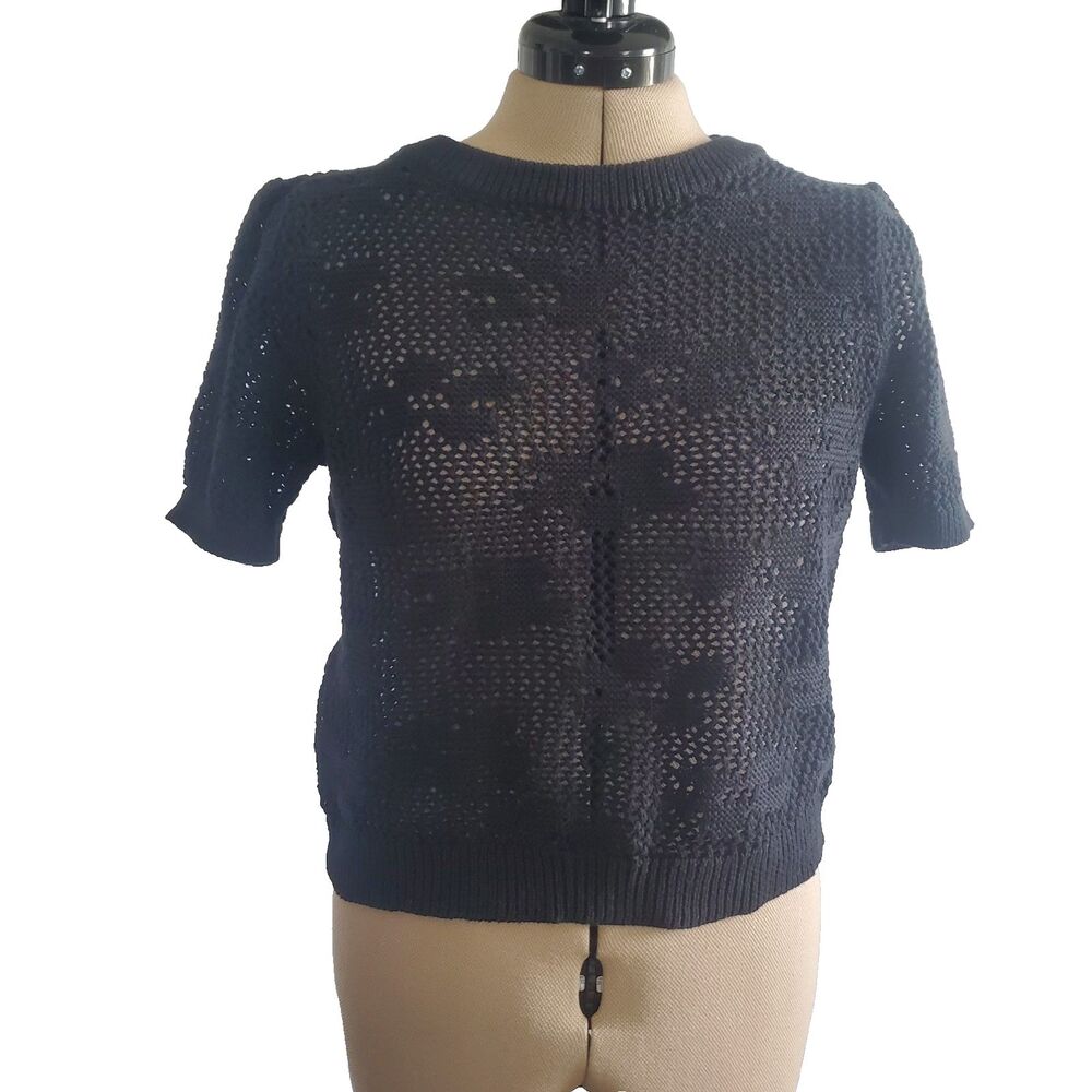 Lucky Brand Women’s Sweater Top Large Black Crochet Open Knit Short Sleeve